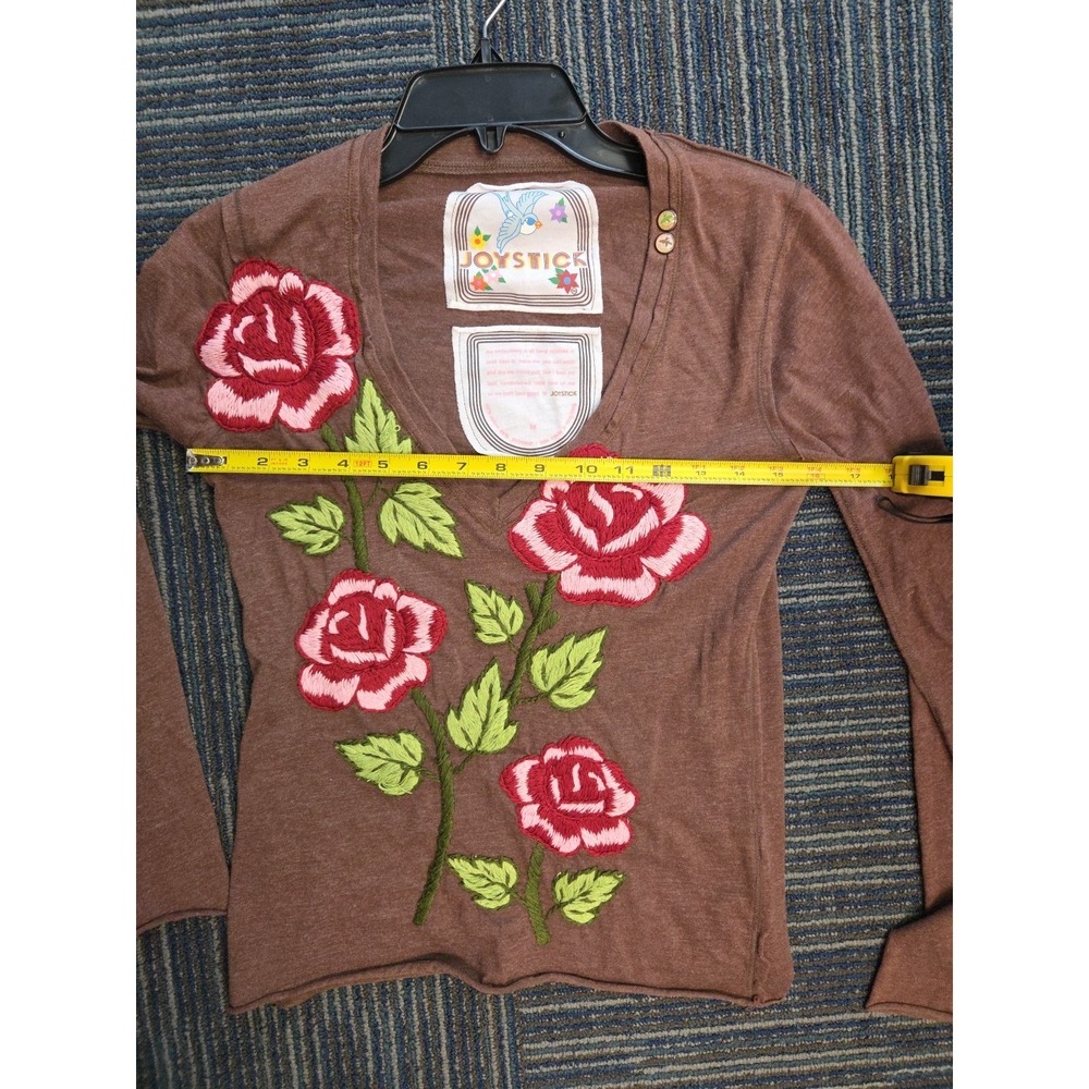 Joystick Johnny Was Roses Floral Hand Embroidered Top Sz M T-shirt Brown Boho - Picture 13 of 13